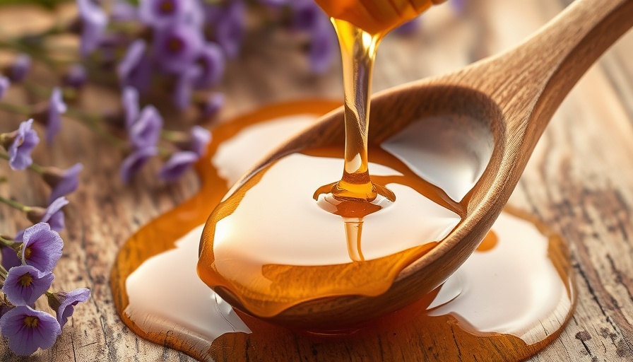 Rich honey drizzling into a wooden spoon with flowers on a rustic table.