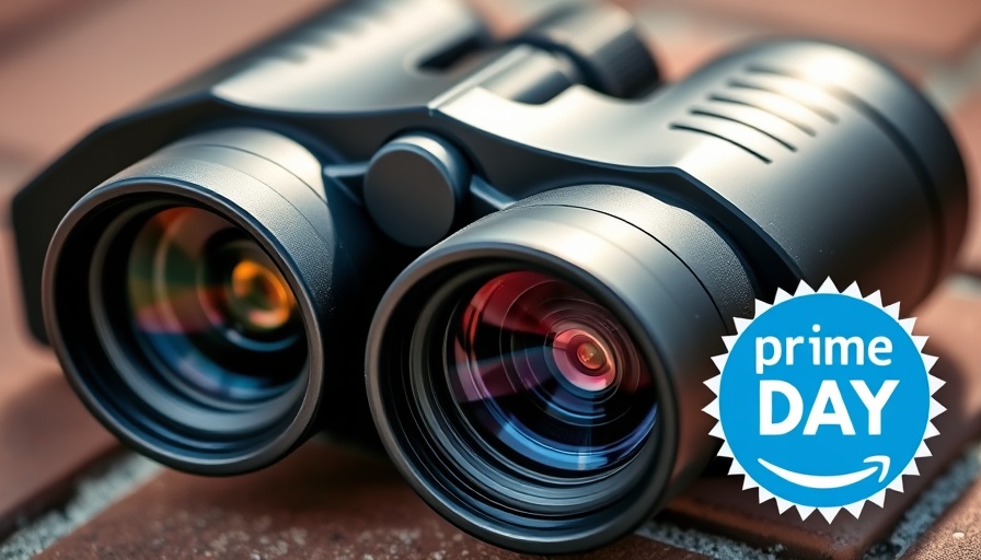 Close-up of image stabilized binoculars with Prime Day tag.