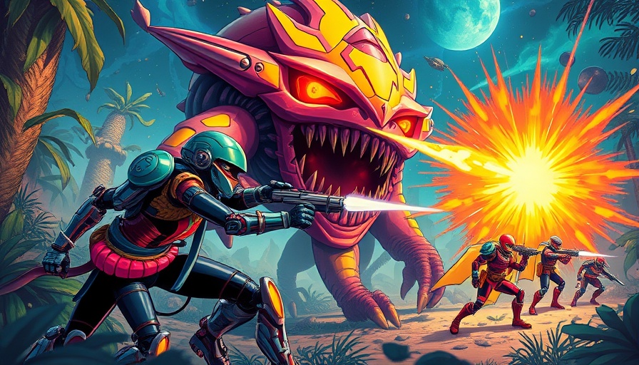 Mycopunk gaming innovation: colorful alien battle scene.