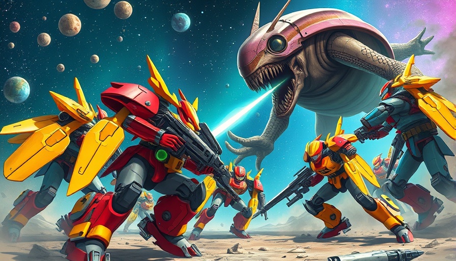Robotic warriors vs alien in futuristic Mycopunk game innovation scene.