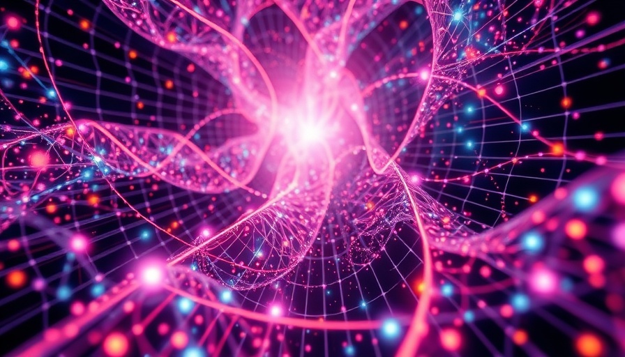 Abstract quantum computing pathways with colored waves.
