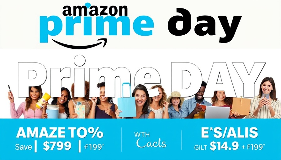 Amazon Prime Day sale banner with diverse products and smiling people.