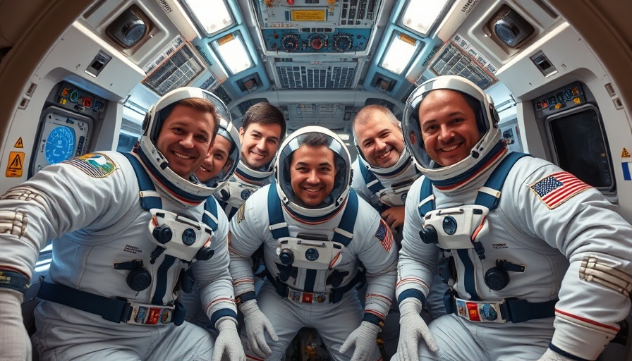 Astronauts in spacecraft smiling in zero gravity.