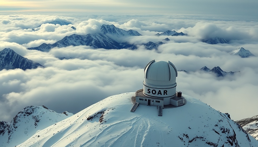SOAR Telescope Chile snow-covered observatory with clouds and mountains.