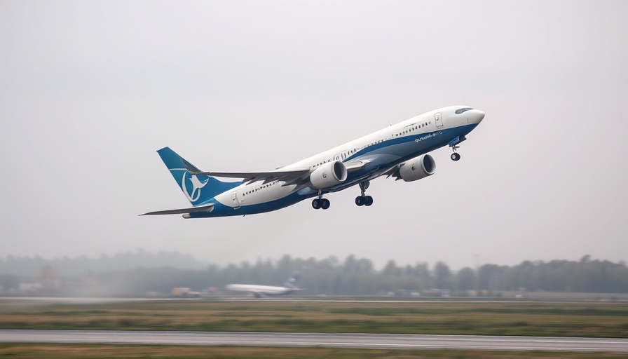 Boeing aircraft delivery taking off on misty runway.