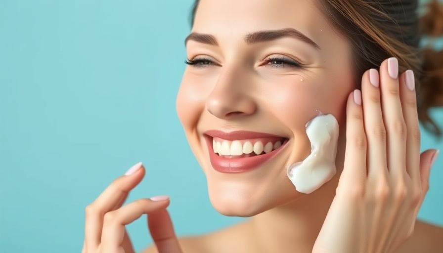 Cheerful woman applying cream as part of skincare routine for glowing skin.