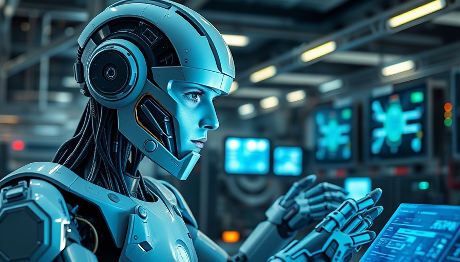 Advanced robot with AI interface in industrial setting.
