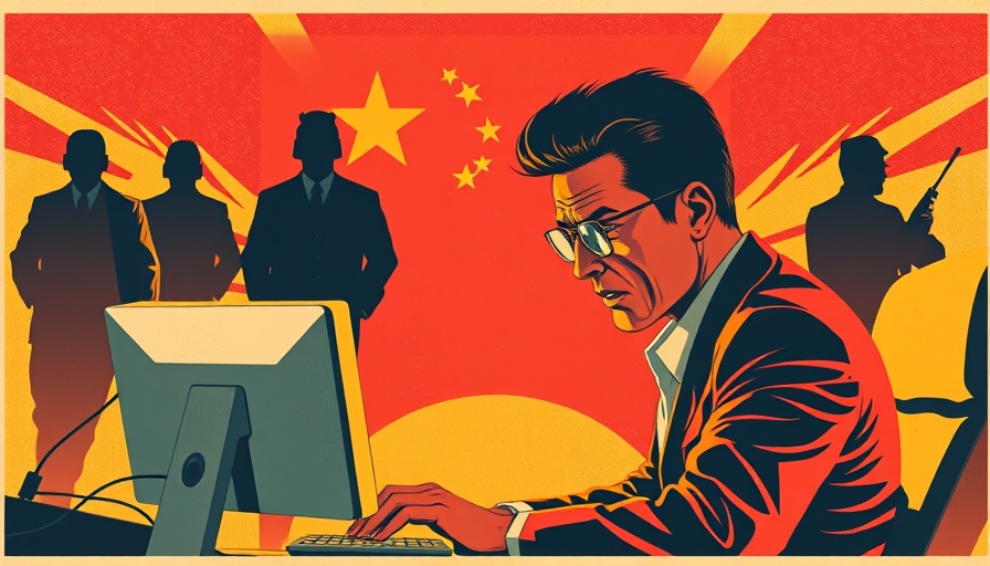 Illustration of cyber espionage with red and yellow Chinese patriotic theme.