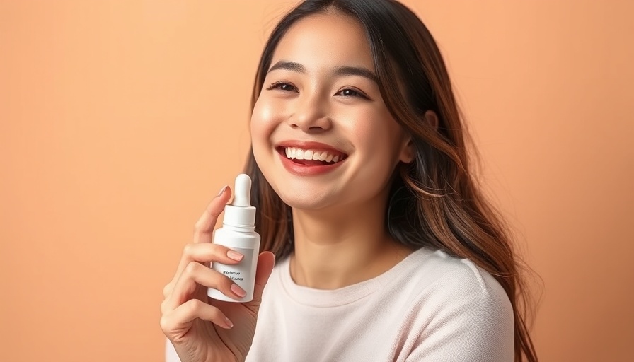 Smiling woman with face oil serum in soft pink background.