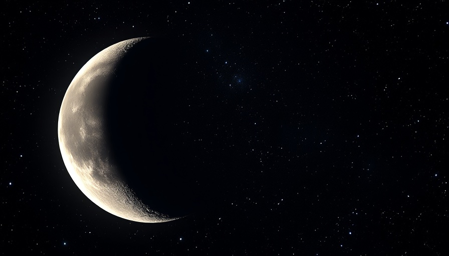 Crescent moon crossing the Pleiades under a starry night sky.