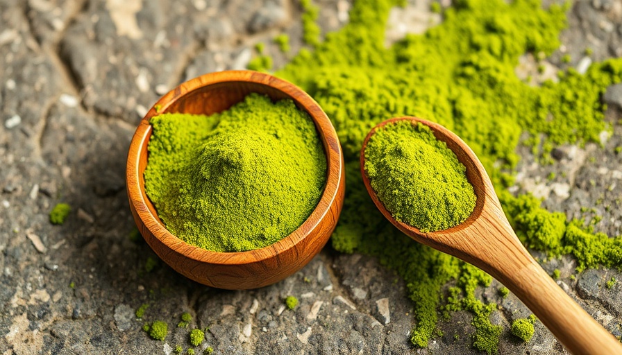 Close-up of matcha powder in a bowl and spoon on a stone surface.