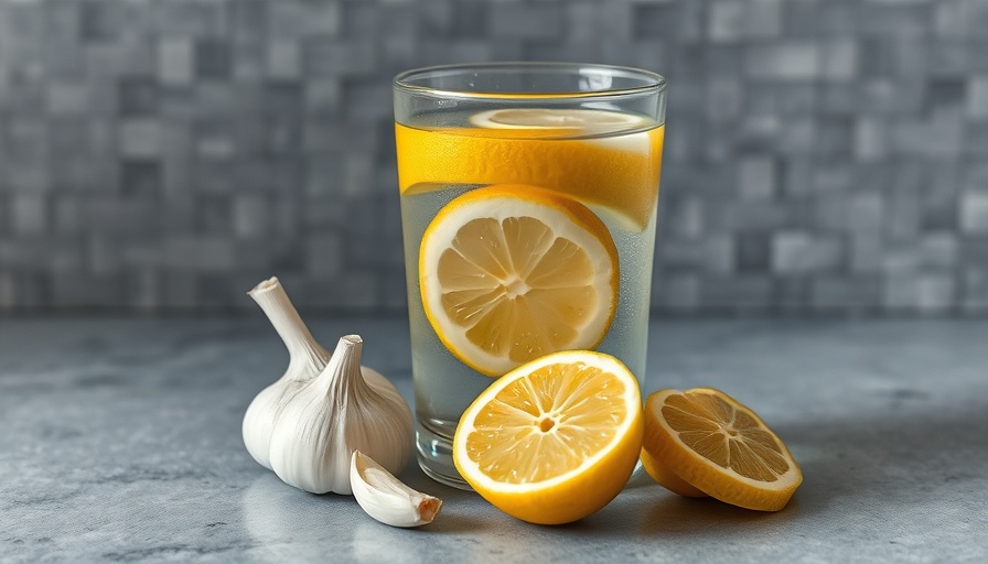Glass of lemon water with garlic and lemon on gray surface