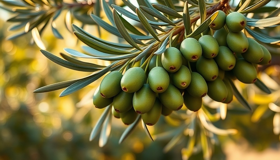 Green olives on branch in orchard, representing smarter bio-based farming.