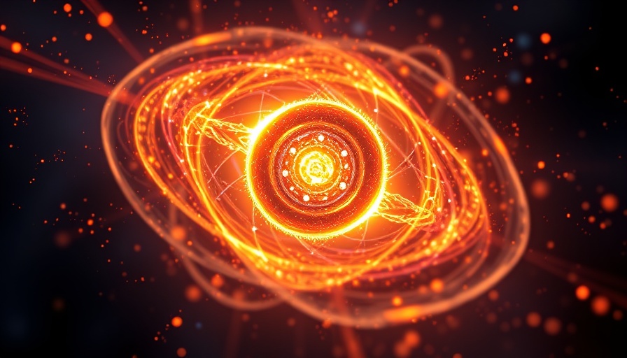 Futuristic quantum computing core with energy orbits