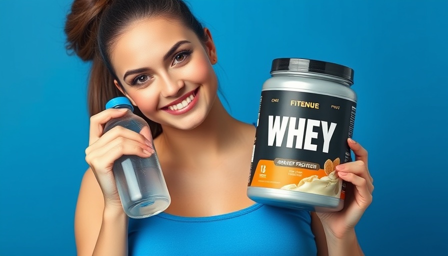 Woman holding protein powder for muscle gain against blue backdrop.