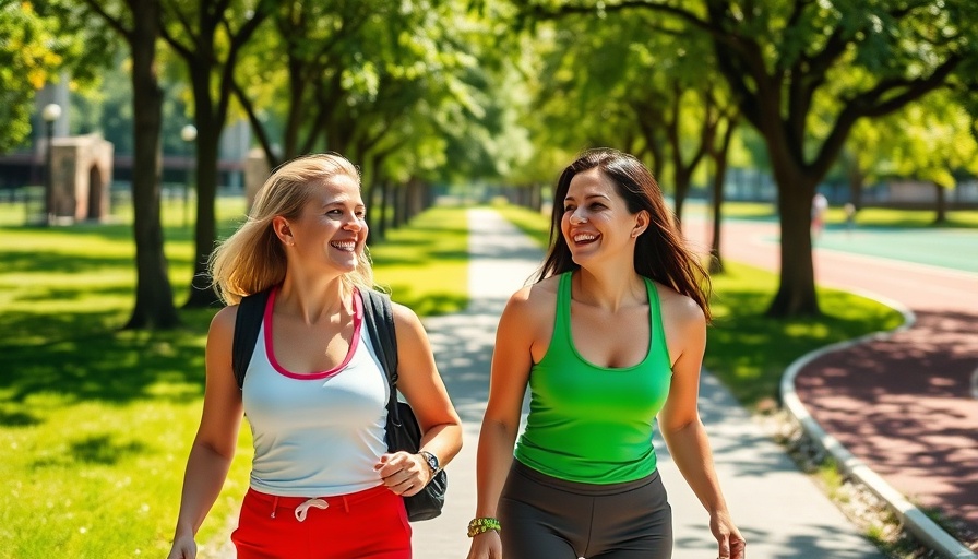 Two women enjoying a walk in a park, highlighting health benefits of walking daily.