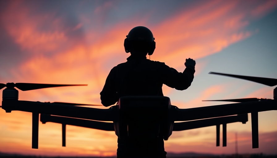 Silhouetted technician and Liutyi Drone at sunset on airfield