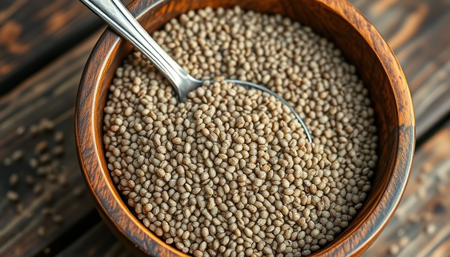 Chia seeds in a wooden bowl with spoon, highlighting benefits for skin.