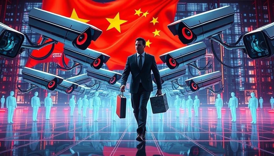 Futuristic business travel scene in China with surveillance.