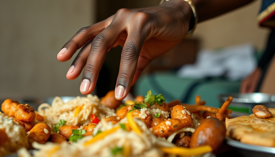 Traditional African meal close-up with hand reaching.