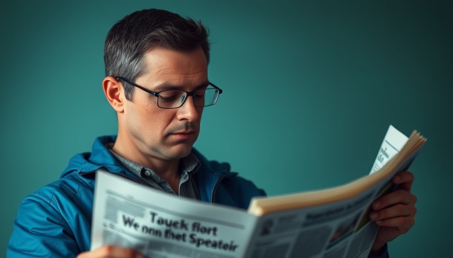 Man reading a newspaper indoors with a teal wall backdrop.