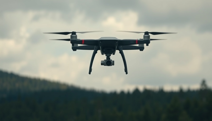 High-tech drone landing against cloudy forest backdrop.