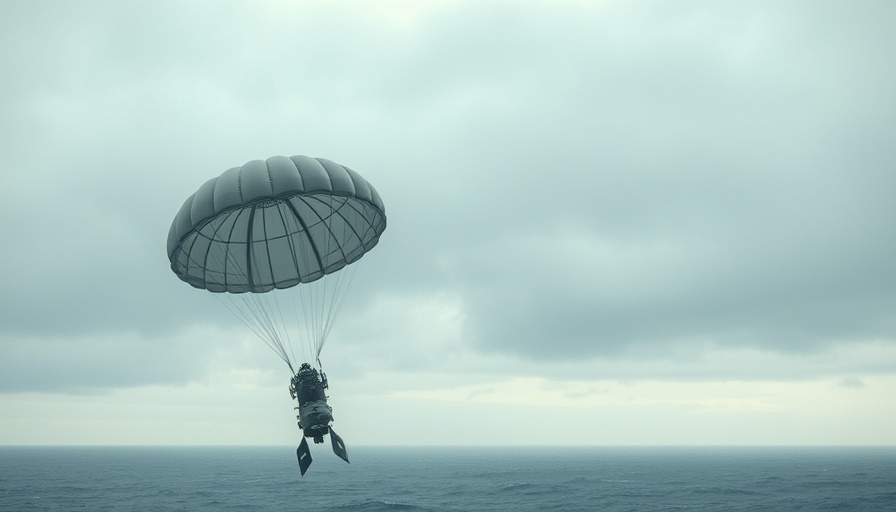 Space capsule landing on ocean with parachutes.