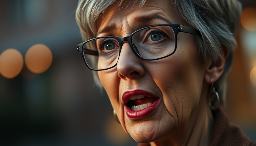 Mature woman speaking passionately with blurred background.