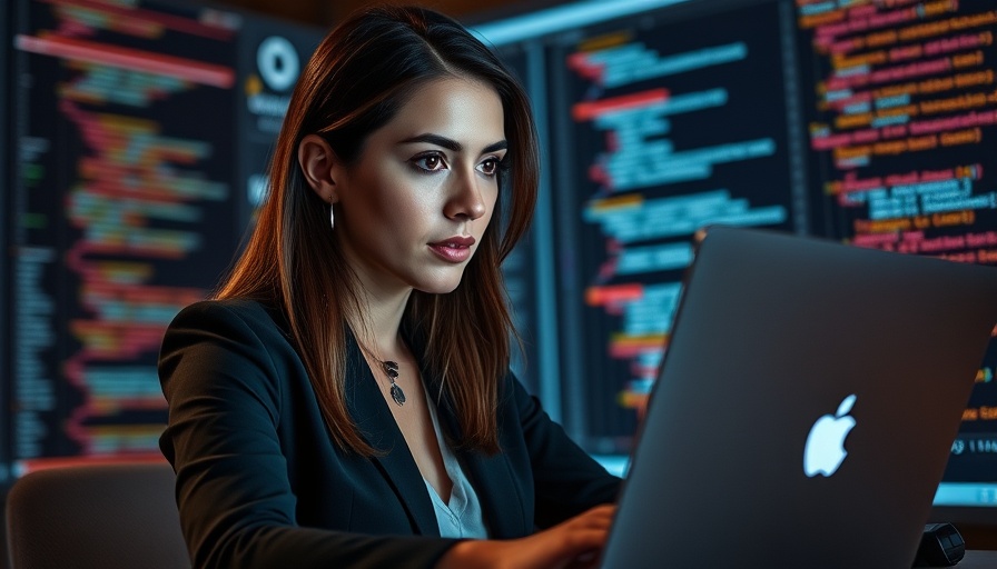 Professional woman using a laptop with digital data background, Shadow AI usage in Australia.