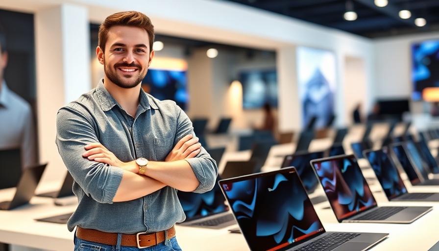 Budget MacBook pricing strategies display with laptops and smiling man.