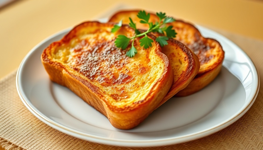 High-protein breakfast with French toast garnished with parsley.