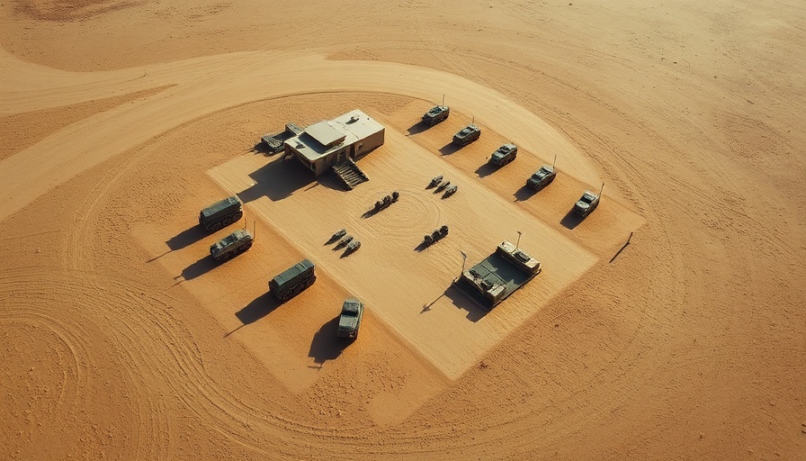 Aerial view of military command setup on sandy terrain.