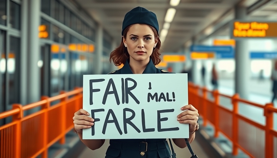 Flight attendant holding protest sign at airport, advocating fair wages.