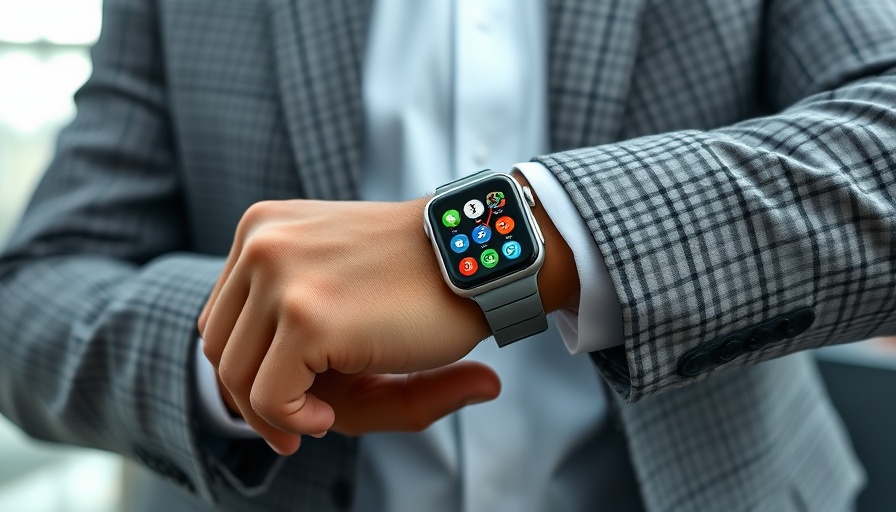 Person using a smartwatch in a gray suit, focusing on screen icons.
