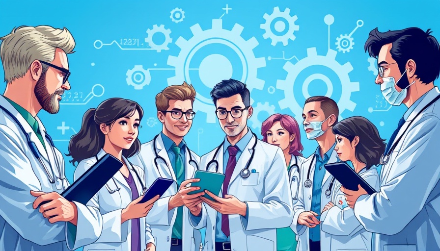 Healthcare professionals using analytics tools cartoon illustration.