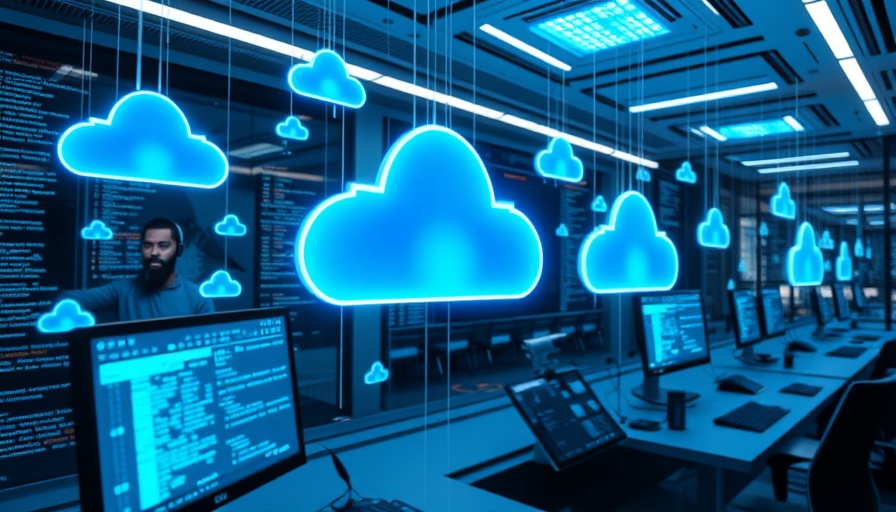 Futuristic digital office with cloud data icons for tech problems solutions