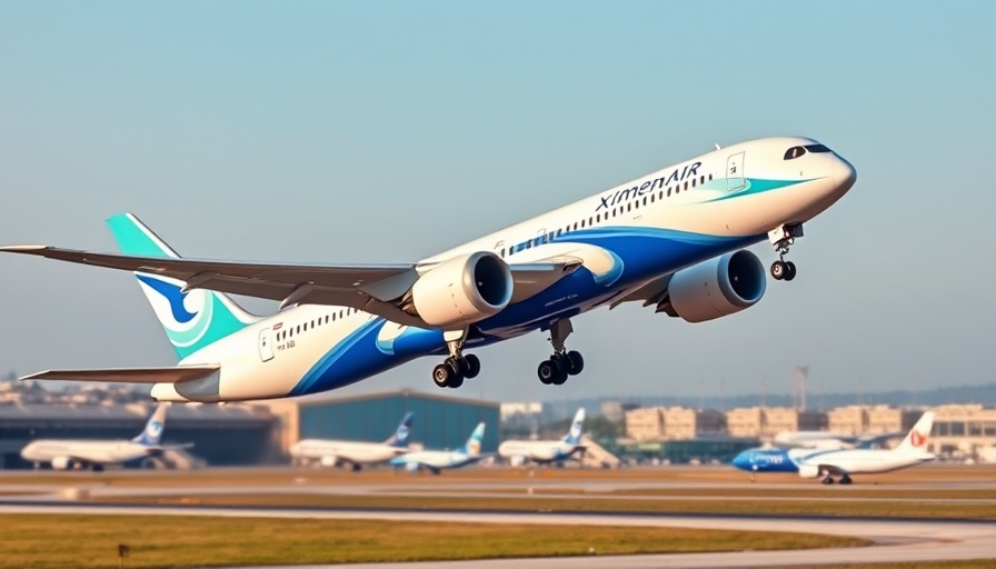 Boeing 787 Dreamliner of XiamenAir taking off, clear sky.