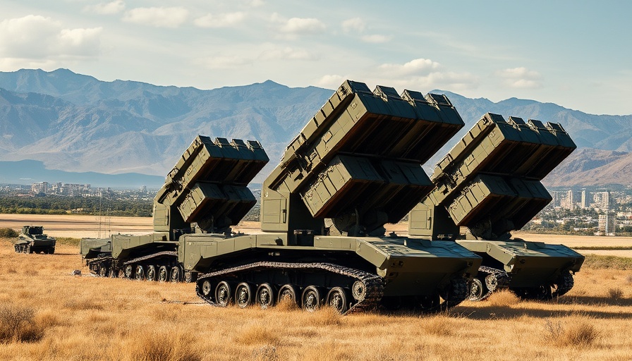 Patriot missile systems on a field with mountains and city skyline.