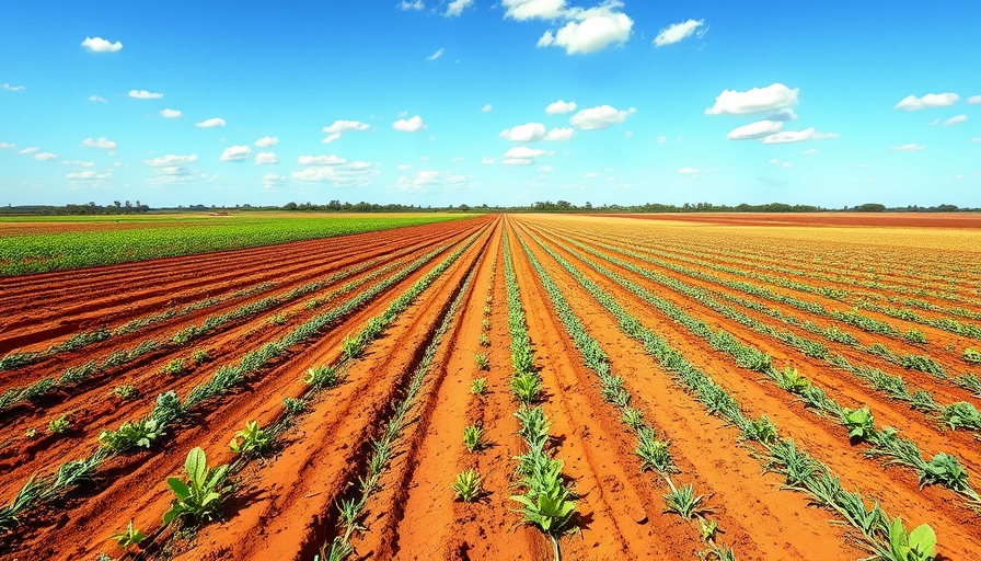 Wide farmland with red soil and crops, illustrating soil fertilization efficiency.