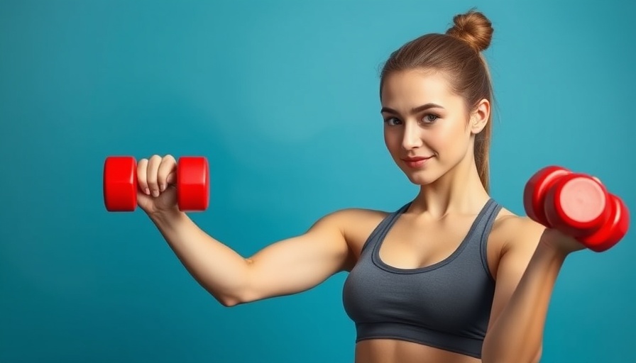 Young woman exercising with 2 kg dumbbells against a blue background.