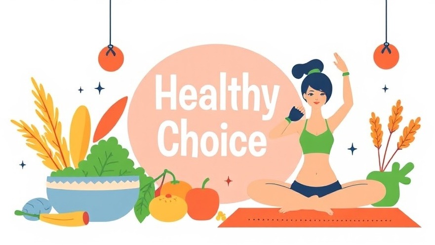 Vibrant digital illustration of healthy food and yoga, showcasing fitness tips for sustainable health.