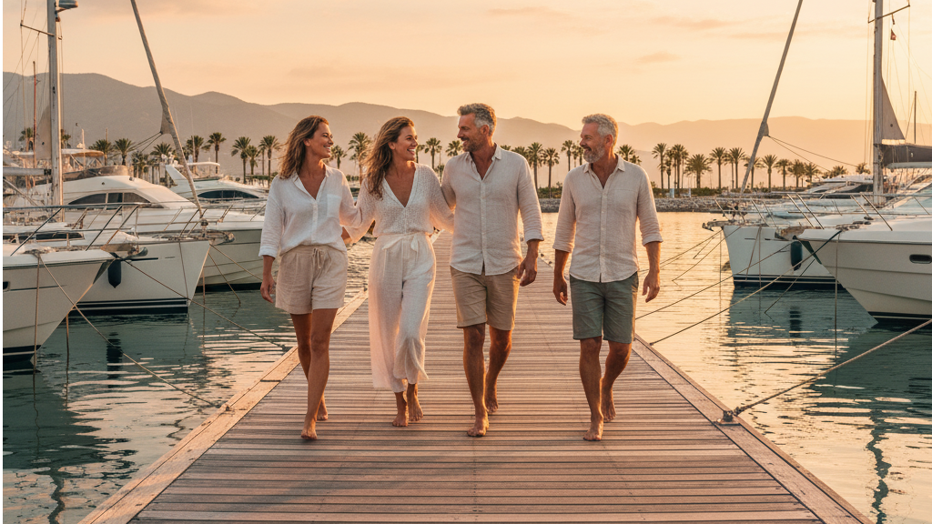 Sunset cruise itinerary Cabo guests preparing to board boats at marina during golden hour
