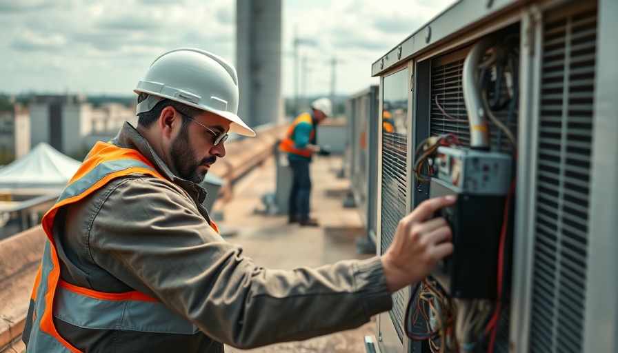 HVAC technician performing electrical diagnostics on rooftop.