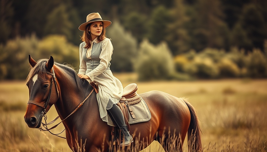 Sepia-toned woman on horseback in historical setting.