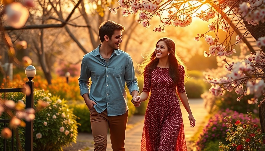 Young couple in a garden during golden hour expressing clean romance.
