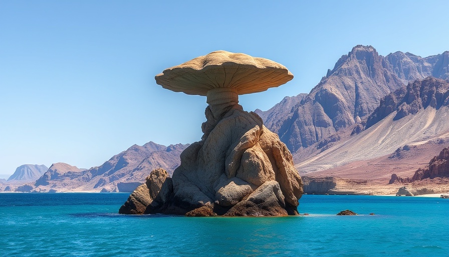 Mushroom-shaped rock by the sea with mountain backdrop.