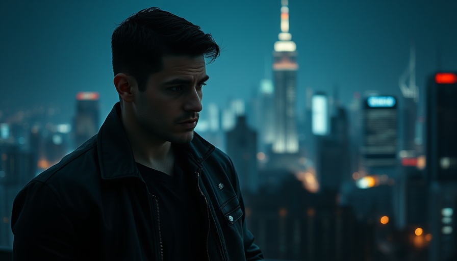 Brooding man in cityscape, forbidden love in sports romance.