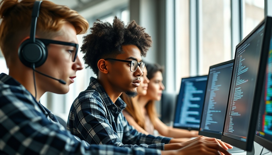 Focused developers working on low-code and no-code healthcare platforms in office.