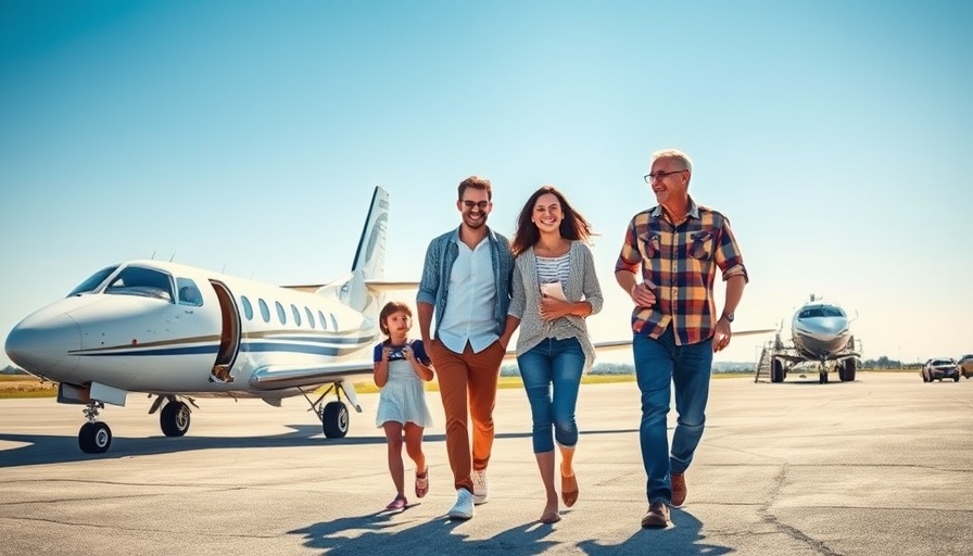 Family heading to small plane at Cabo airport transportation.