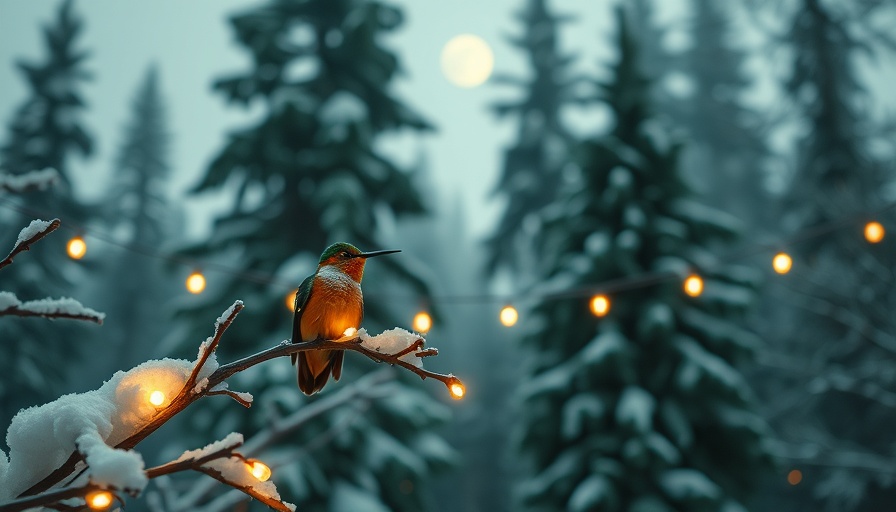 A colorful hummingbird in a snowy forest with string lights overhead.